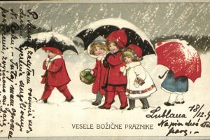 zimowe zabawy dzieci, śnieg, śpiew i sanki